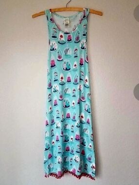 munki munki Sz S/M Aqua Succulent & Mushroom Sleep Dress with Red Scallop Trim
